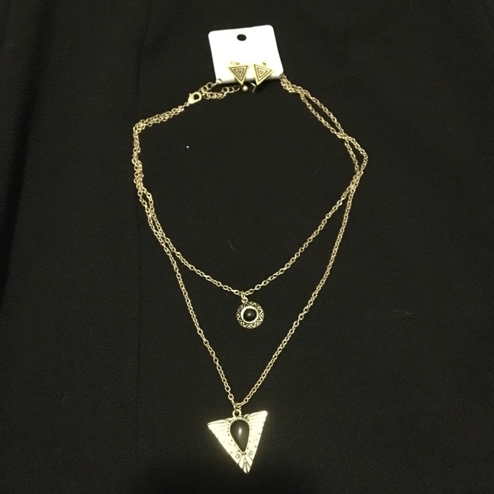 Gold Geometric Layered Necklace Earing Set
